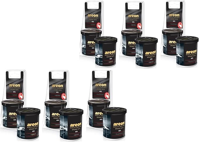 AREON Car Perfume GEL Can LUX Air Freshener Long Lasting Scent for Car or Home Odor Eliminator MIXED scents (2 GOLD, 2 SILVER, 2 PLATINUM) - scents (Pack of 6)