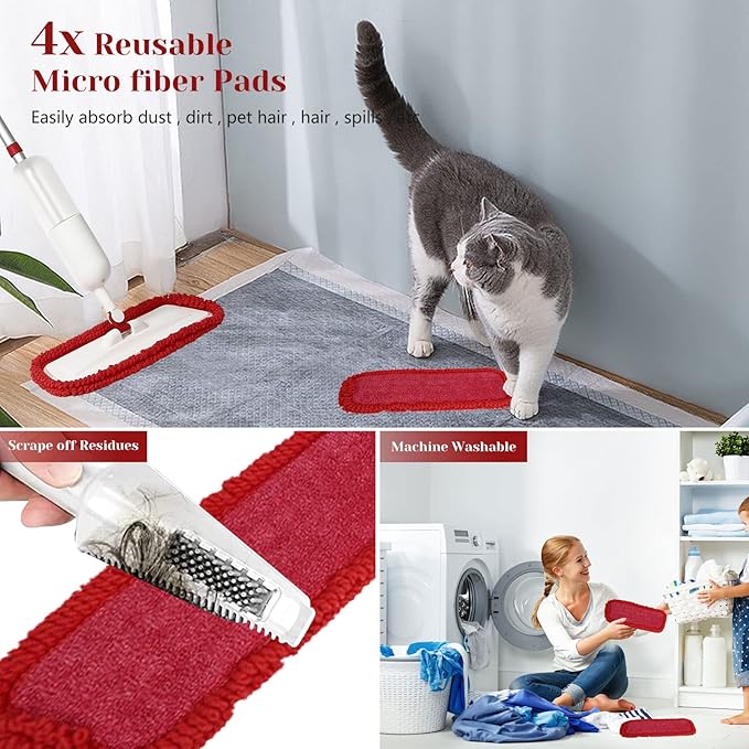 Spray Mop for Floor Cleaning, Wet Dry Microfiber Mop with 4 Washable Pads 650 ml Refillable Bottle and 1 Scraper for Home Kitchen Hardwood Laminate Wood Vinyl Ceramic Tiles Wooden Floor