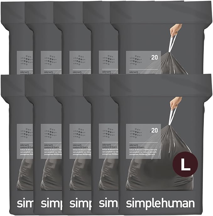simplehuman Code L 200 Count Odorsorb Custom Fit Liners, Drawstring Odor Absorbing Trash Bags, One-by-One Mess-Free Dispense, Extra Thick & Double Seamed, 50% PCR Plastic, 18 Liter / 4.7 Gallon