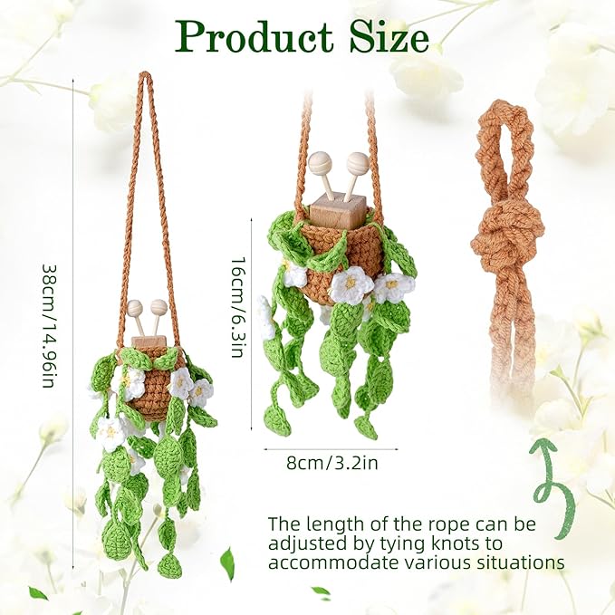 Crochet Car Air Freshener, 8ml Empty Refillable Oil Diffuser Bottle with Hanging Crochet White Daisies Plant & Hanging Tools, Car Rearview Mirror Diffuser for Wall Art & Home & Office Decoration