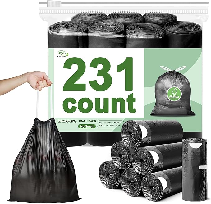 231 Count-Small Trash Bags,4 Gallon Trash Bag Drawstring,Bathroom Garbage Bags,Tear-Free Garbage Bags,Plastic Wastebasket Liners for Toilet Home Office and Bedroom(Black）