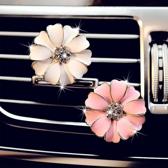 2 Pieces Daisy Flower Air Vent Clip Cute Car Air Freshener Clip Bling Rhinestone Car Air Outlet Decorations Charm Car Inter Decor Accessories for Girls Women