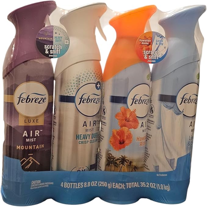Febreeze Air Effects Odor-Eliminating Air Freshener Linen & Sky, Hawaiian Aloha, Ocean, Heavy Duty Kitchen Odor Eliminator Fresh Lemon, 8.8 oz. Aerosol Can, Pack of 4