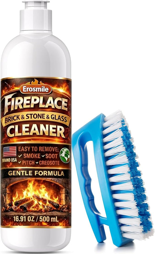 Fireplace Cleaning Set Fireplace Soot Remover with Scrub Brush for Brick, Stone, Rock, Tile, and Marble – Nonabrasive Brick Cleaner, Gentle Formula for Bricks & Glass Indoor and Outdoor -16 oz
