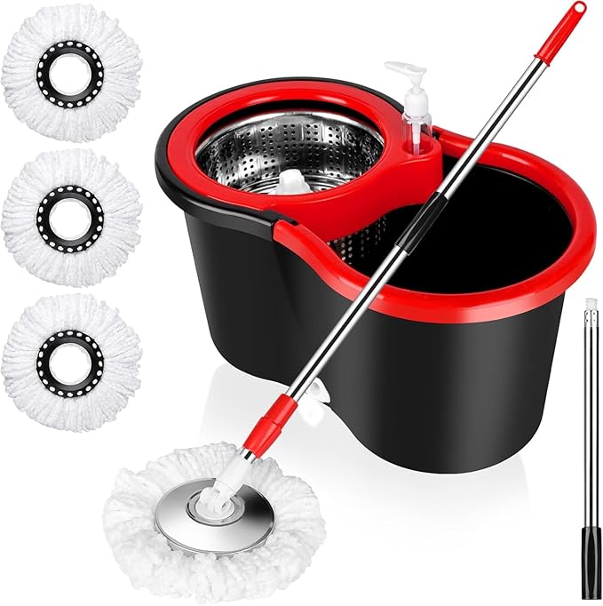 Mop Bucket Set, Swivel Mop and Bucket and Squeezer Set, 360° Swivel Mop Bucket System with 3 Microfiber Replacement Mop Heads and Stainless Steel Adjustable Handle for Floor Cleaning.