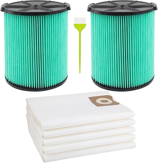 VF6000 Filter Replacement for Rigid Shop Vac Filter 5-20 Gallon, 5-LAYER HEPA Cartridge 97457 + VF3502 Vacuum Bags 23743 2-LAYER High Efficiency for RIDGID 12-16 Gal Wet/Dry Vacuums (2FILTER + 5BAGS)