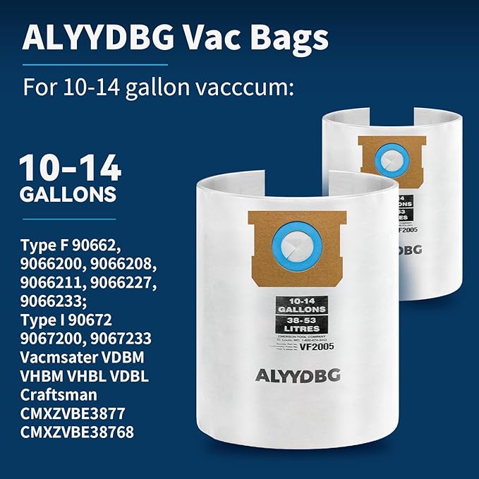 for 2-1/2" Port Shop Vac Bags 10-14 Gallon, Type F 90662 9066200 9066233; Type I 90672 9067200 9067233; VF2005, High Efficiency Disposable Fine Dust Collection Vacuum Filter Bags (5 Pack)