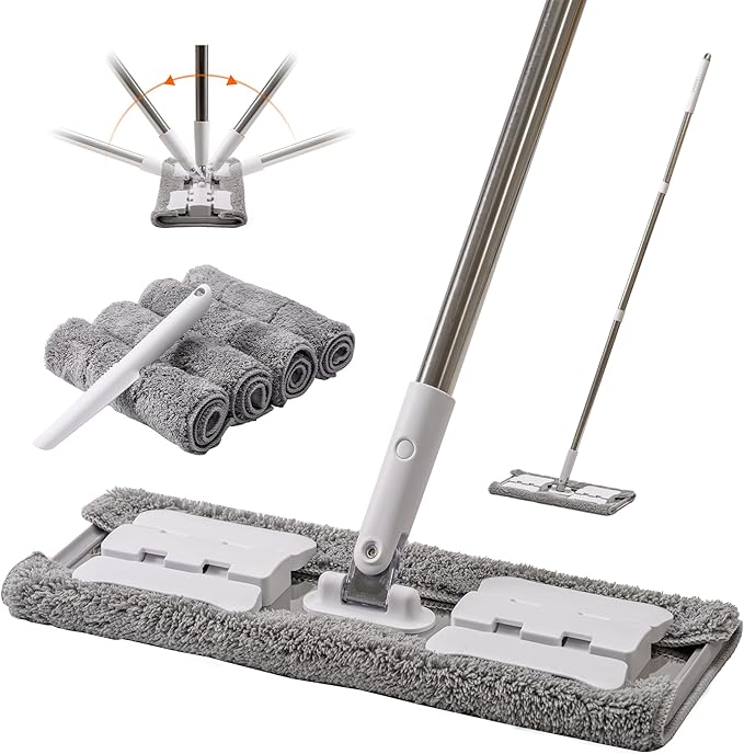 Premium 360° Microfiber Wet Mop for Floor Cleaning; 4 Heavy Duty Reusable Microfiber Pads; Adjustable Height and Sturdy Steel Hardware; Vinyl, Tile, Laminate and Hardwood Floor Mop Cleaner