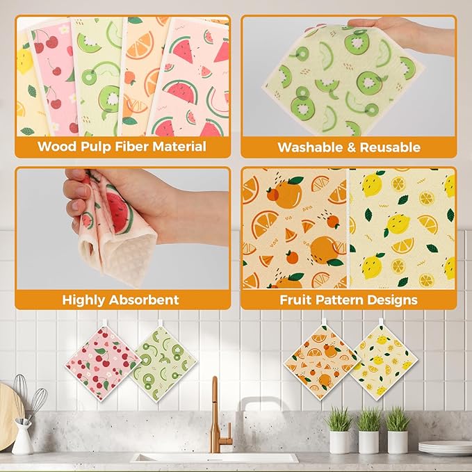 10PCS Swedish Dishcloths for Kitchen, Reusable Paper Towels Washable, Dish Rags for Washing Dishes with Clips, Non-Scratch Kitchen Towels and Dishcloths Sets, Dish Cloths, No Odor(Fruit)