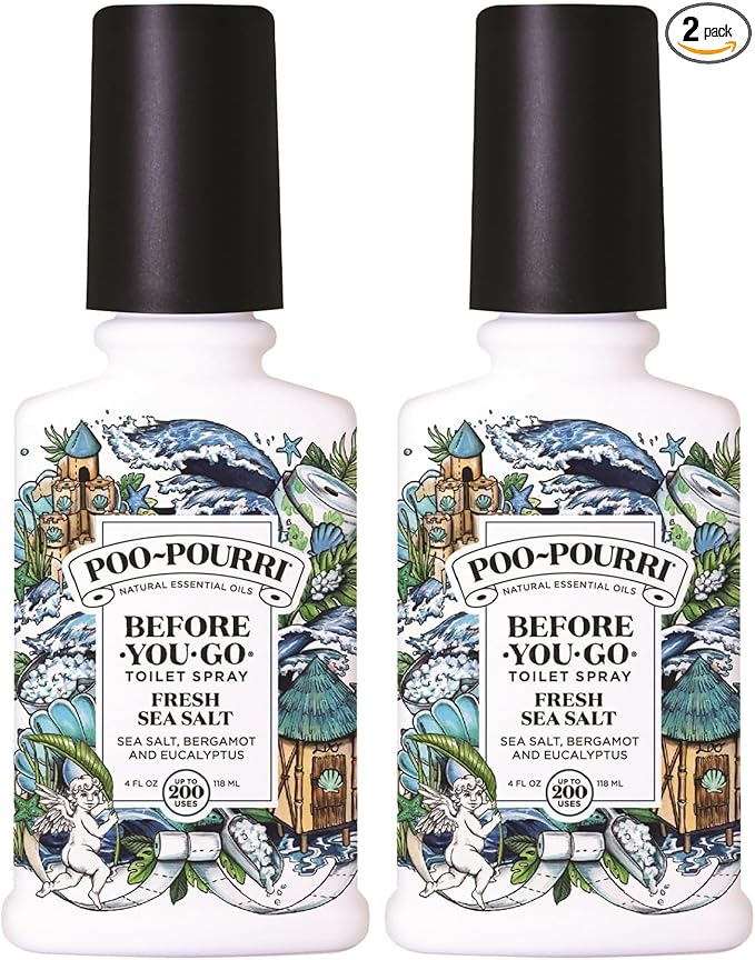 Poo-Pourri Before-You-Go Toilet Spray,Fresh Sea Salt,4 Fl Oz,Up to 200 Uses,Bathroom Odor Deodorizer,Plant-Based with Essential Oils,for Home or Work,Sea Salt,Bergamot & Eucalyptus Scent,(Pack of 2)