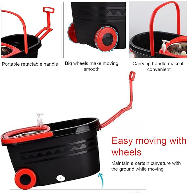 Spin Mop and Bucket with Wringer Set On Wheels, 360° Spinning Mop Bucket System with 3 Microfiber Replacement Heads, 61" Stainless Steel Extended Handle for Floor Cleaning Black/Red (25QT) (Big Black)