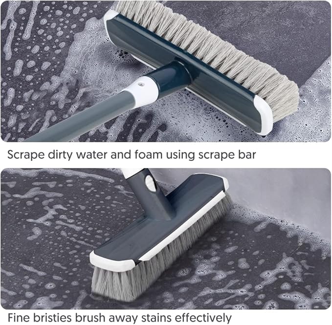 Floor Scrubber with Long Handle, 2 in 1 Scrubbing Brush Stiff Bristle Shower Cleaning Brush for Bathroom, Kitchen, Tub, Carpet, Grout, Tile(Gray)