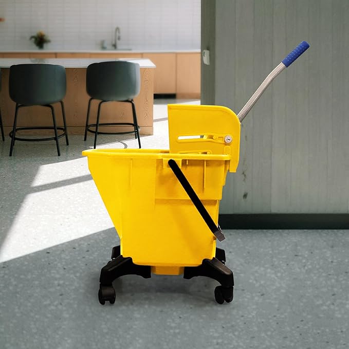 6.6 Gallons Mop Bucket with Wringer - Non-Tip Design & Heavy-Duty Plastic, Spin Mop System for Hardwood Floors, Space-Saving Single Bucket (Yellow, 6.6 Gallons)