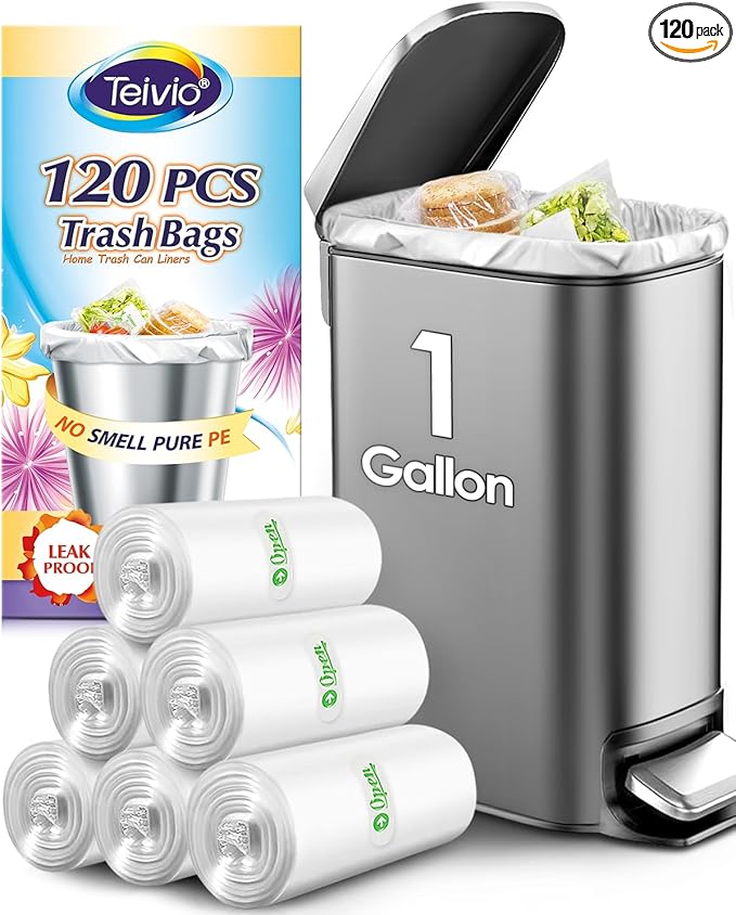 Teivio 1 Gallon 120 Counts Mini Strong Trash Bags 1-1.2 Gallon Garbage Bags,Small Waste Basket Liners,Bathroom Trash Can Bin Liners, Plastic Bags for home office kitchen, 4-5 Liters,Clear