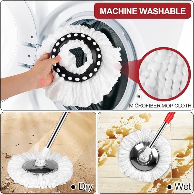 Spin Mop Replacement Head for 360 Spin Mop Bucket with Wringer Set Systems, Microfiber Spin Mop Refills，Easy Cleaning Round Shape Standard Size (4)