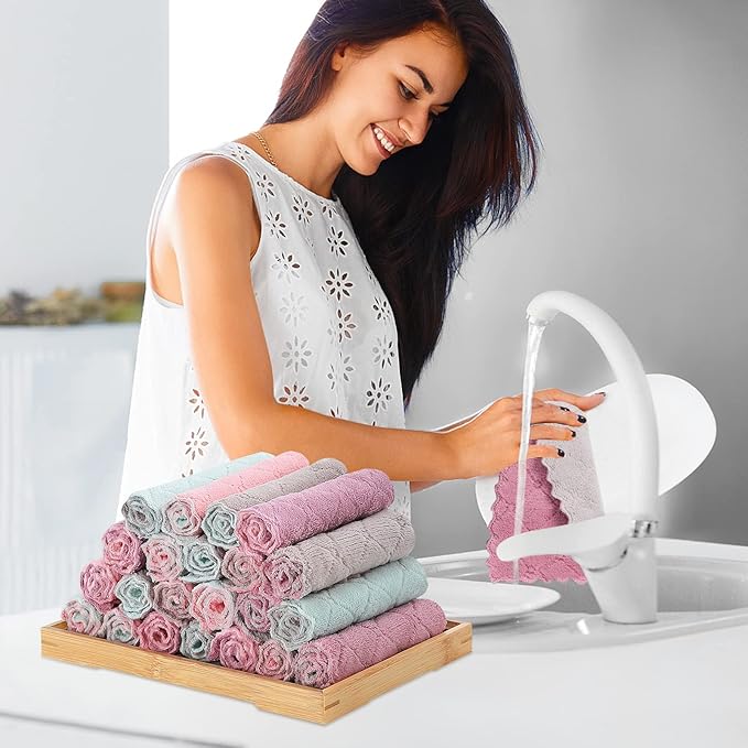 22 Pack Kitchen Dish Cloths, Reusable Dish Towels, Nonstick Oil Washable Fast Drying, Super Absorbent Coral Velvet Cleaning Cloths for Cleaning Tableware, Kitchen, Bathroom(Pink-purple-10" x 6")