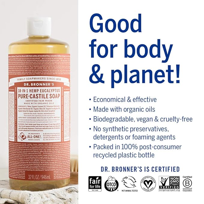 Dr. Bronner's - Pure-Castile Liquid Soap Variety Pack - Eucalyptus, Citrus, Rose, & Tea Tree, Made w/Organic Oils, 18-in-1 Uses: Face, Body, Hair, Laundry, Pets, Dishes, Etc. (16oz, 4-Pack)
