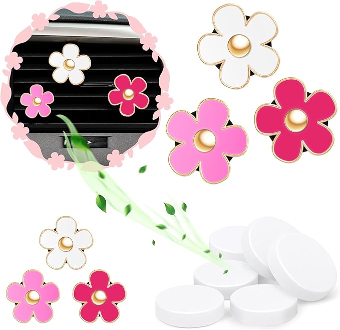 LivTee 6 Pack Cute Daisy Flower Car Vent Clips, Air Freshener Car Accessories, Air Vent Clips for Women and Girls, Flower Vent Clips for Car Interior Decoration(3cm, 3.3cm, Red, Pink, White)