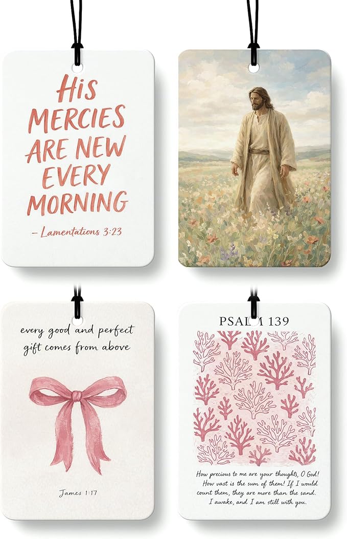 Pink Christian Jesus Air Freshener 4 Pcs, Coastal Seagrass Bow Bible Verse Religious Hanging Air Freshener for Cars Closet Drawer Books, Girly Christian Car Accessories Mirror Decor for Women