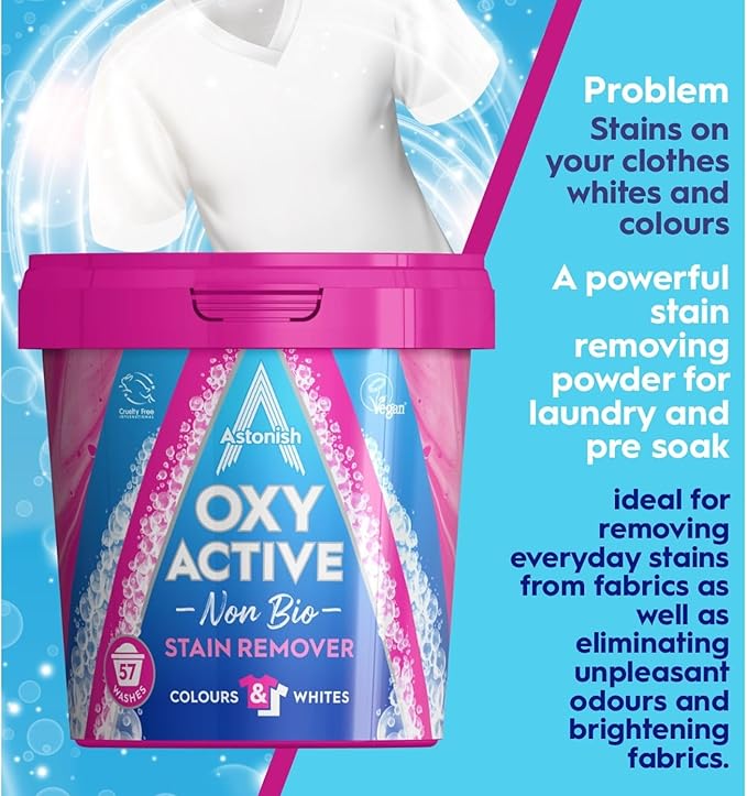 Astonish Oxy Active Fabric Stain Remover, Stain and Odour Eliminating, Fabric Brightening, Non Bio, 825g