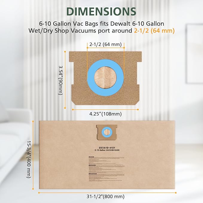 12 Pack DXVA19-4101 Vacuum Bags For DEWALT 6, 8, 9, 10 Gallon Wet/Dry Shop Vacuums, Replacement Disposable Filter Bags for DeWalt DXV06P, DXV09P, DXV09PA, DXV10P, DXV10PL, DXV10S, DXV10SA, DXV10SB