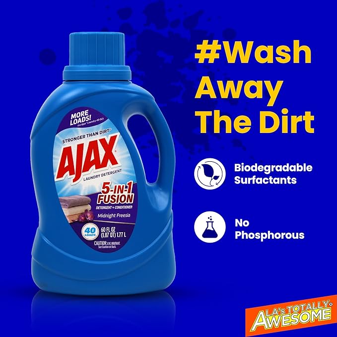Ajax 5-in-1 Fusion Liquid Laundry Detergent – Totally Awesome Cleaner with Deep Clean Power, Odor & Stain Remover, Fabric Conditioner, HE Compatible, Midnight Freesia Scent, 60oz (Pack of 2), 80 Loads