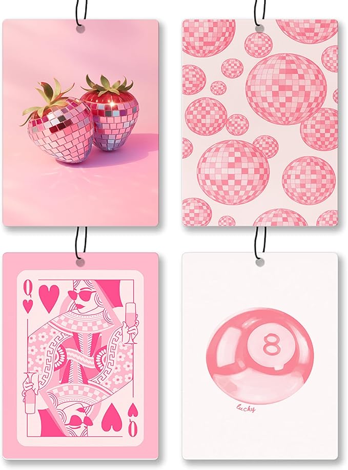 Trendy Pink Disco Strawberry Car Air Freshener 4 Pcs - Preppy Disco Strawberry Lucky 8 Ball Queen Card Hanging Air Freshener for Cars Closet Drawer Books, Girly Car Accessories Mirror Decor for Women