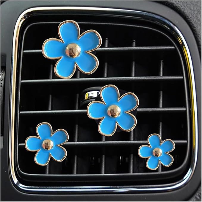Daisy Air Vent Clips, 4 Pcs Cute Flower Car Air Conditioning Outlet Clip Car Air Freshener Clip Charm Car Inter Decor Accessories for Women (Blue)