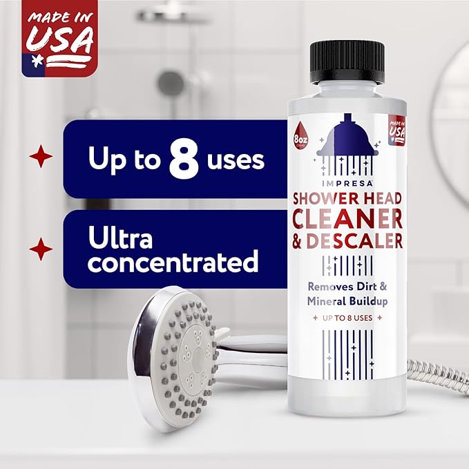 IMPRESA Shower Head Cleaner Solution for Hard Water - 8 fl oz Unscented - Lime Deposit Remover & Descaler for Shower Heads - Restores Water Flow - Made in USA