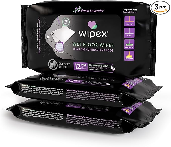 Wipex Plant Based XL Wet Floor Wipes for Squeegee Stick, Cuban Mop & Fabuloso Mop Heads - Lavender Scent, Huge Disposable Wipes (24" x 14") 12 Count (Pack of 3)