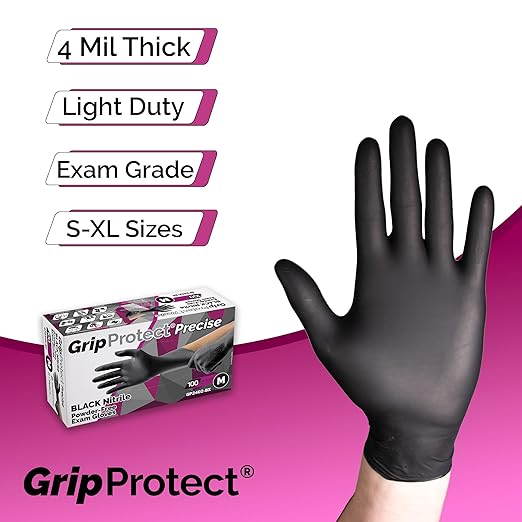 GripProtect® Precise Black Nitrile Gloves, Exam, 4 Mil, Food, Home, Cleaning, Medical/Dental, Tattoo (X-Large, 100)