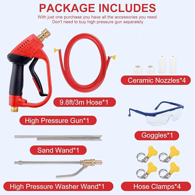 Pressure Washer Sand Gun Blaster Kit with Gun, 5000 PSI Sand Gun Blaster for Pressure Washer with 4 PCS Replacement Nozzle & 1/4'' Quick Disconnect Wet Abrasive Sand Gun Blaster Attachment