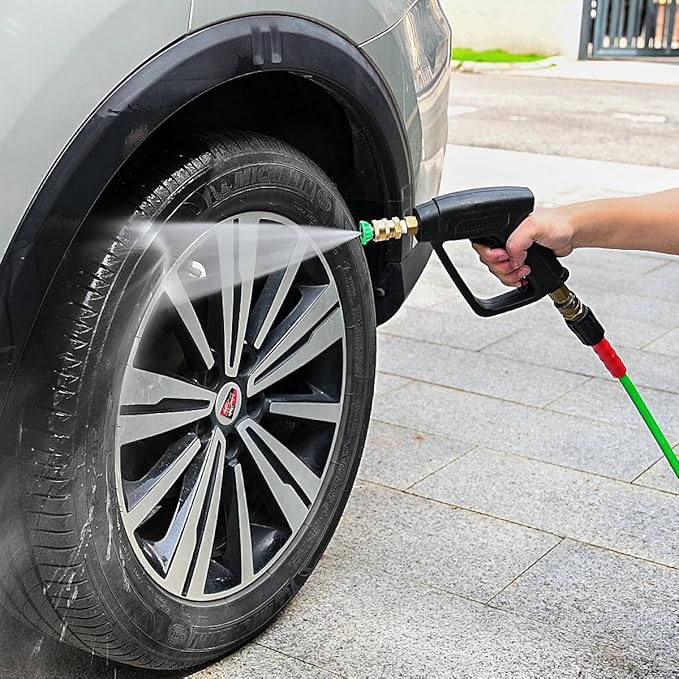 YAMATIC Short Pressure Washer Gun and Hose, 25 FT Flexible Hose with Stubby Power Washer Trigger Handle, 3/8" Swivel Quick Connect & M22-14mm Adapter Replacement for Ryobi Simpson Craftsman (Green)
