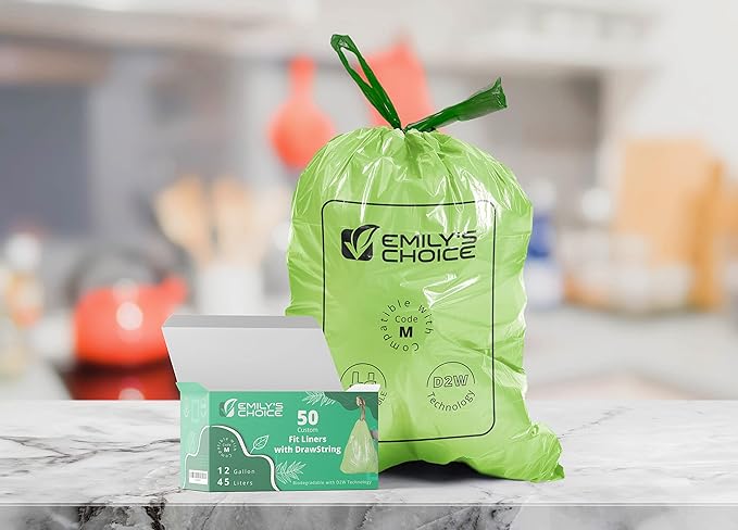 Emily's Choice Heavy Duty Biodegradable Trash Bag Code M (50 Count)with D2W Technology, Custom Fit Trash Bag compatible with Simplehuman Code M trash bins, 45L / 12 Gallons 1.2 MIL / 30 Micron