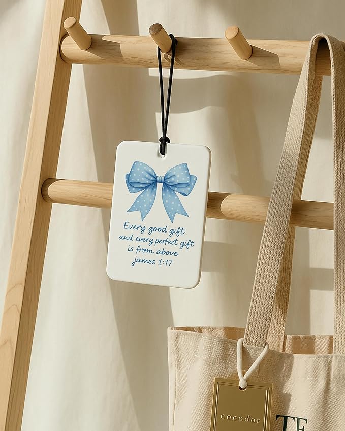 Inspirational Christian Car Air Freshener 4 Pcs, Blue Coquette Bow Religious Hanging Air Freshener for Cars Closet Drawer Books, Girly Christian Car Accessories Mirror Decor for Women