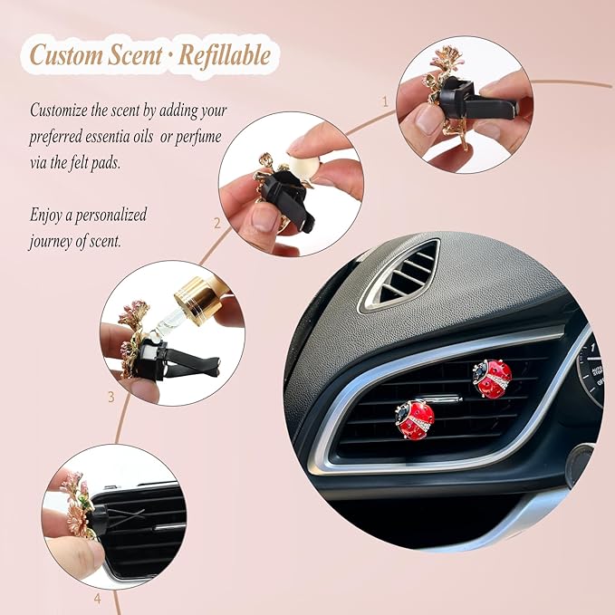 Ladybug Car Decor,2pcs Bling Lady Bug Air Vent Clips Car Air Freshener,Cute Red Car Accessories Gift for Women,Refillable Rhinestone Aroma Diffuser