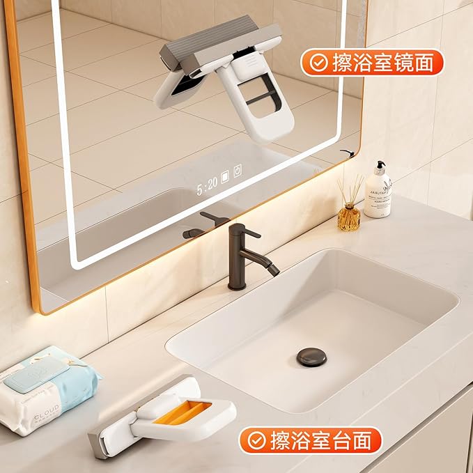 Mini Handheld Wringer Mop, White Orange, Dry Wet Spray Design, Indoor Cleaning, Desktop Size, No-Wash Gel Cotton Head