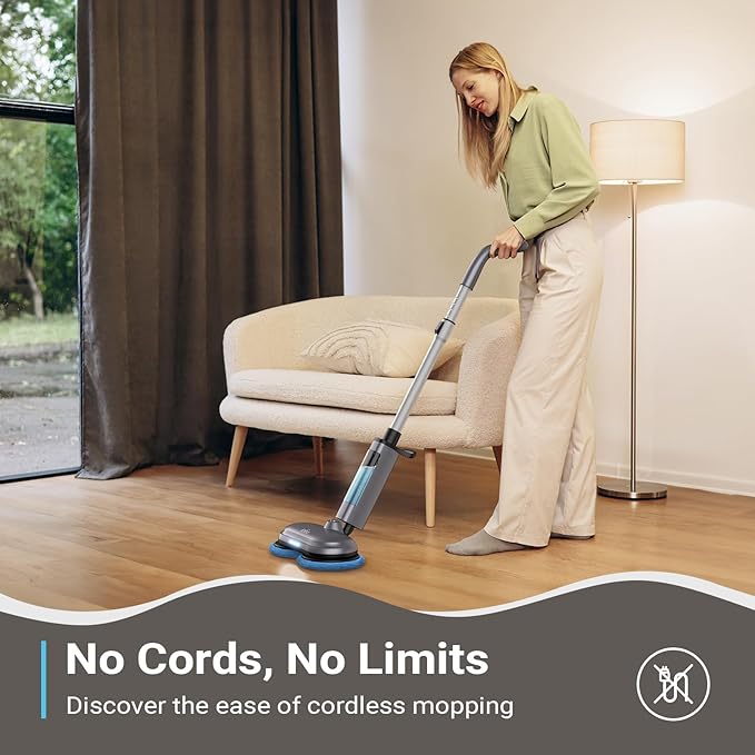 iDOO Cordless Electric Mop, Rechargeable Spin Mop with Water Spray & LED Headlight, Quiet Self Propelled Floor Cleaner, Washable Pads & 350ml Water Tank, Lightweight Floor Scrubber for All Floors