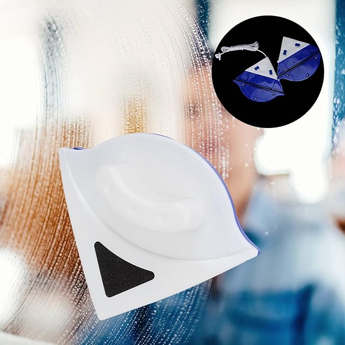 Magnetic Brush Cleaner, Double Side Window Glass Tool. Easy to, Strong Absorption. RUB Corners with The trilateral Design, Easy scrubbing with The Magnetic Design. Double