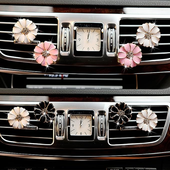 2 Pieces Daisy Flower Air Vent Clip Cute Car Air Freshener Clip Bling Rhinestone Car Air Outlet Decorations Charm Car Inter Decor Accessories for Girls Women