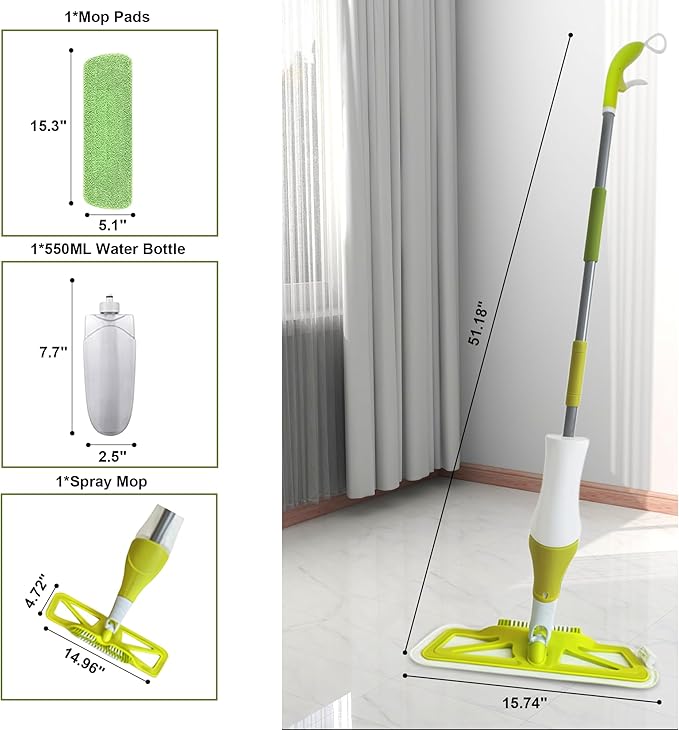 360°Rotating Spray Mop,Dust Mop with Water Spray Bottle for Floor Cleaning,Reusable Washable Microfiber Pads for Hardwood Tile Floors