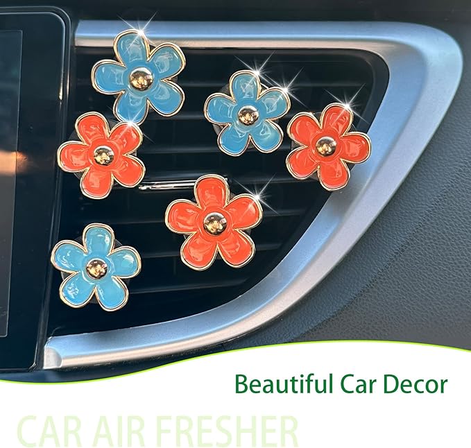 Flower Car Accessories,6pcs Daisy Car Air Freshener Vent Clips,3.3cm/3cm Blue Orange Flowers Decor,Refillable Diffusers for Women