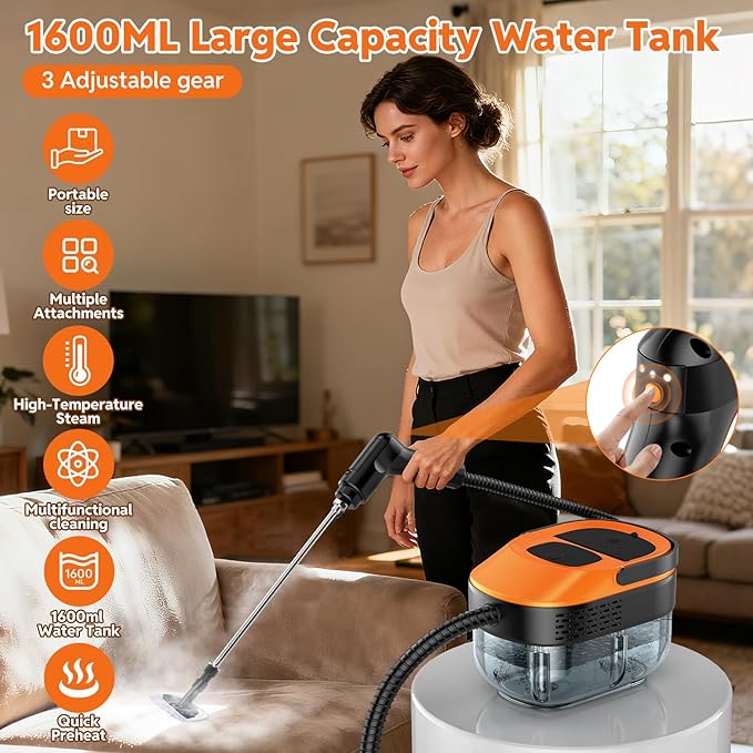 Steam Cleaner for Home & Car, 15s Fast Heat Handheld Steamer for Cleaning, 1.6L Large Tank, 3-Level Steam Control with 16-Piece Accessories Kit for Floors, Couches, Tiles, Grout, Dirt, and Grease
