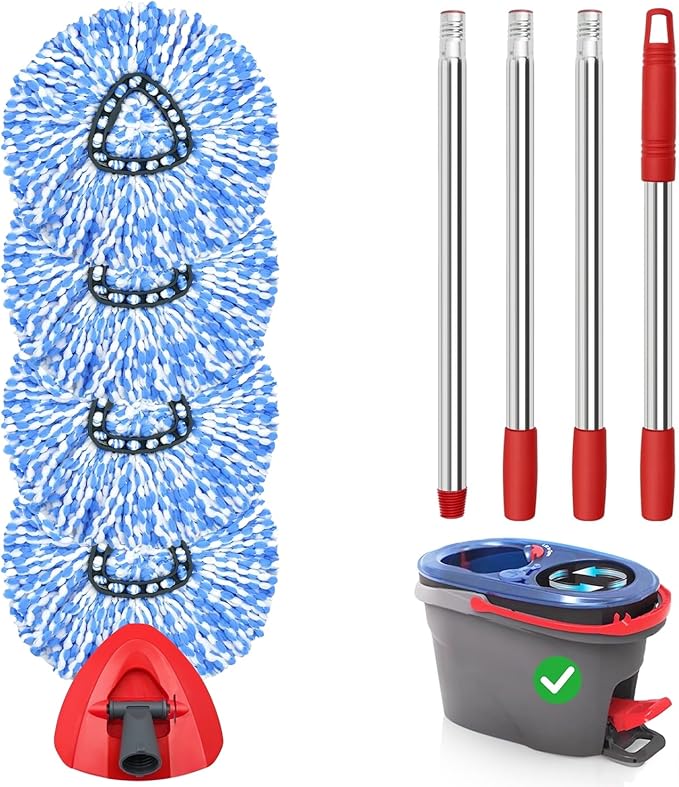 Spin Mop Replacement Heads 4 Pack with 1 Triangle Base and 58 inches Long Handle for O-Cedar 2 Tank System,Machine Washable