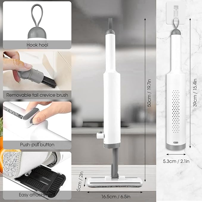 Portable Miniature Mops - Cleaning Tool, Detachable Handle Cleaner | 2X Reusable Microfiber Pads, Built-in Crevice Brush for Desktop Cabinet Wet and Dry Use Small Spaces Travel Cleaning