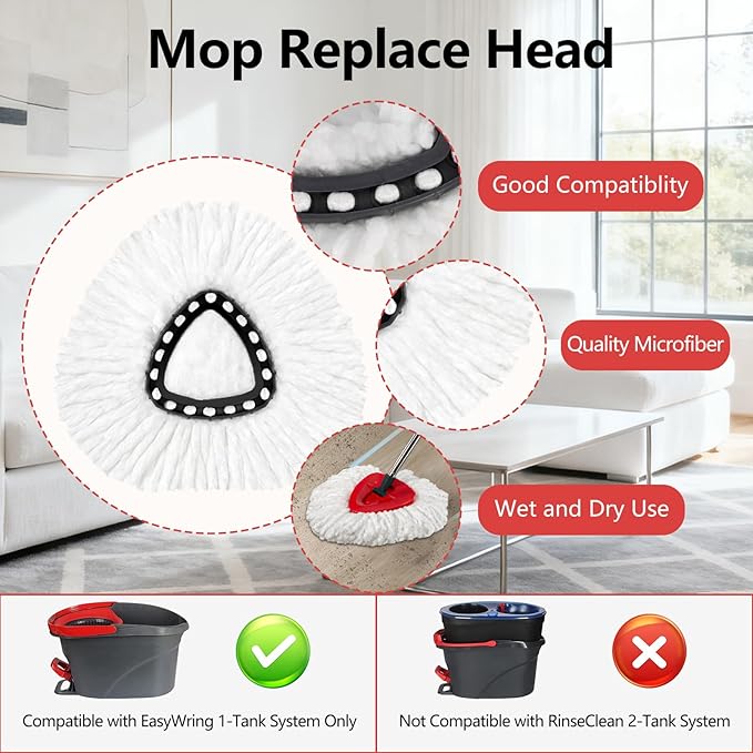 Spin Mop Replacement Set, Compatible with O-Ceda EasyWring 1-Tank Spin Mops 2 Microfiber Mop Head Refills, Adjustable 30–58 in Stainless Steel Handle, Scrubber Brush Head and Spin Base (M, Round)