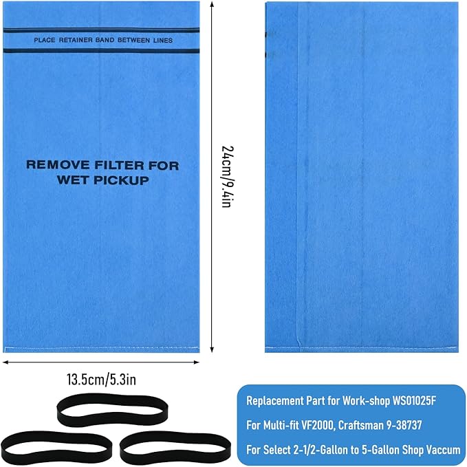 9 Pack 38737 Dust Filter Bags Replacement for Stinger Wet Dry Vac and Bucket Head Vacuum, Fits Craftsman 2-2.5 Gallon Vacuums, Includes 3 Retaining Bands, Part# 9-38737/Cmxzvbe38737