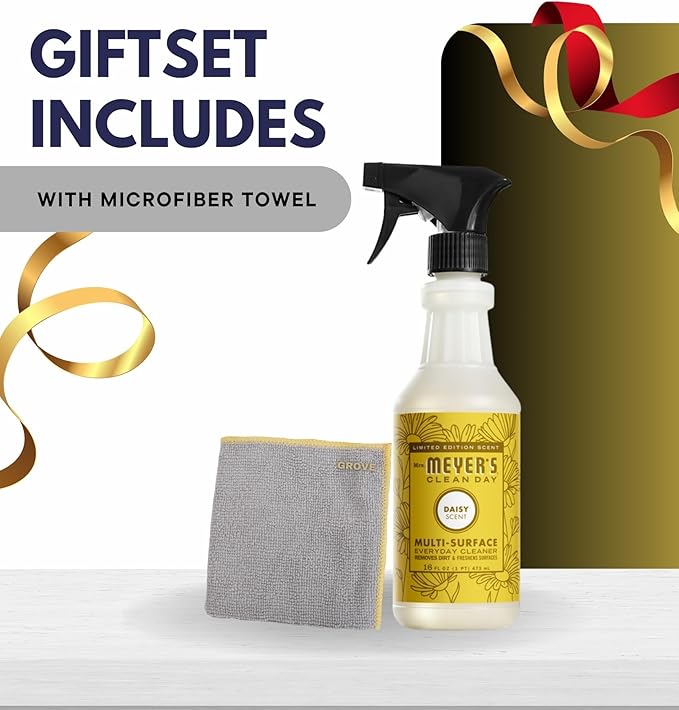 Clean Day Daisy Scent Multi-Surface Cleaner Spray 16 oz Bundle with Microfiber Cloth - Plant-Derived Formula - Versatile Cleaner for Wood, Tile, Stone, & More Surfaces - (3 Items)