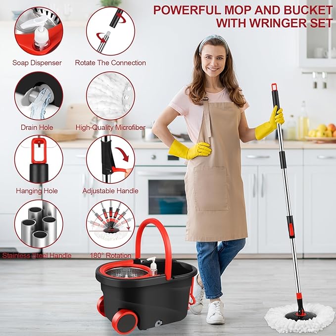 360° Spin Mop and Bucket System with Wringer - Includes 3 Microfiber Mop Refills & 50" Extended Handle for Floor Cleaning, Easy Squeeze, Efficient Home Cleaning Tool (Black) (Black Red)