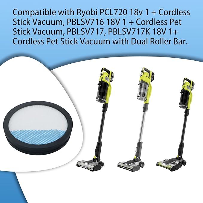 3 Pack Filter Replacement for Ryobi 18V 1 + Cordless Stick Vacuum PBLSV716K, PBLSV716B, PBLSV717K, PBLSV717B, PCL720K, PCL720, Compare to Part A32SV720N